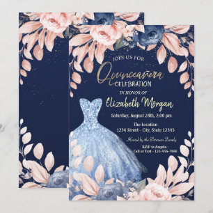 Blaues Kleid Floral Quinceañera Einladung