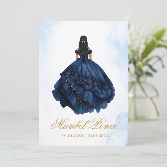 Blaues Kleid Quinceanera Einladung (Stehend Vorderseite)