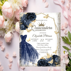 Blaues Kleid, Rosen, goldene Schmetterlinge Quince Einladung