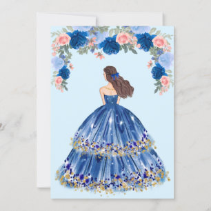 Blaues Kleid und Blumenquinceanera Einladung