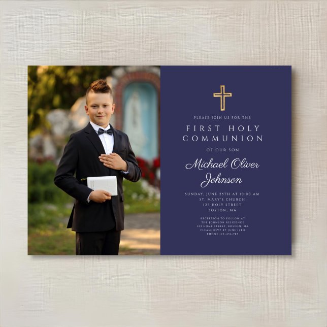 Blaues Kreuz-Foto Junge Erste Kommune Einladung (Navy Blue Cross Photo Boy First Communion Invitation)