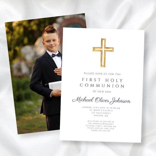 Blaues Kreuz-Foto Junge Erste Kommune Einladung (Navy Blue Cross Photo Boy First Communion Invitation)