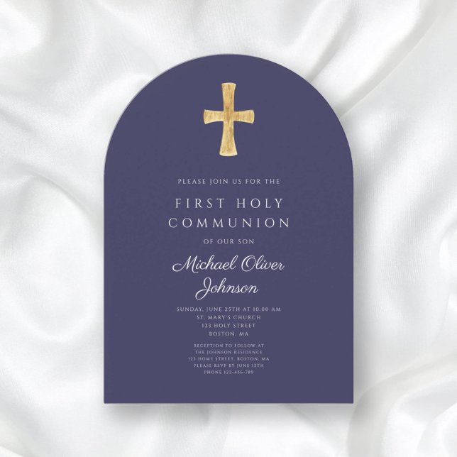 Blaues Kreuz, Religiöse Junge Erste Kommunion Arch Einladung (Navy Blue Cross Religious Boy First Communion Arch Invitation)