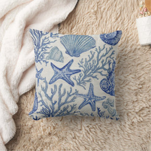 Blaues Küsten-Toile-Muster mit Korallen und Musche Kissen