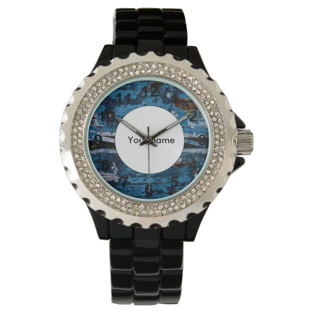 Blaues lackiertes Holz Armbanduhr (Vorderseite)