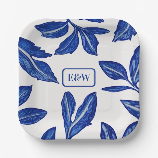 Blaues Leaf-Pottery-Motiv mit gepaarten Initialen Pappteller (Vorderseite)