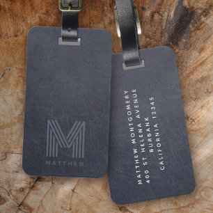 Blaues Leder mit fettem Monogramm Männlich Gepäckanhänger