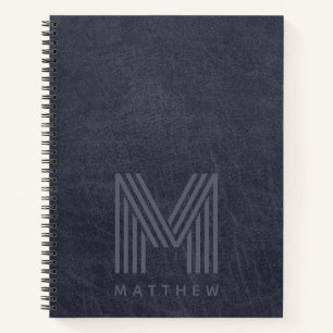 Blaues Leder mit fettem Monogramm Männlich  Notizbuch