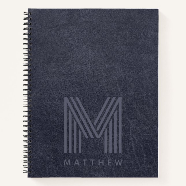 Blaues Leder mit fettem Monogramm Männlich  Notizbuch (Vorderseite)