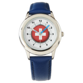 Blaues Leder-Strap-Watch für die Schweizer Flagge  Armbanduhr