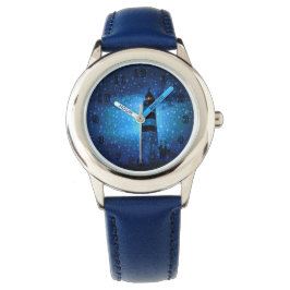 Blaues Leuchtturm nachts mit Regentropfen Armbanduhr