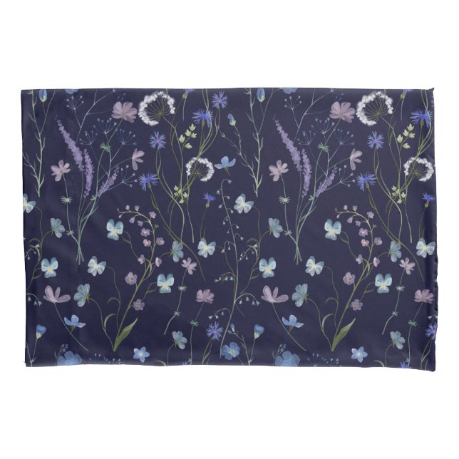 Blaues Lila Hübsches Wildblume Blumenmuster Kissenbezug (Vorderseite)