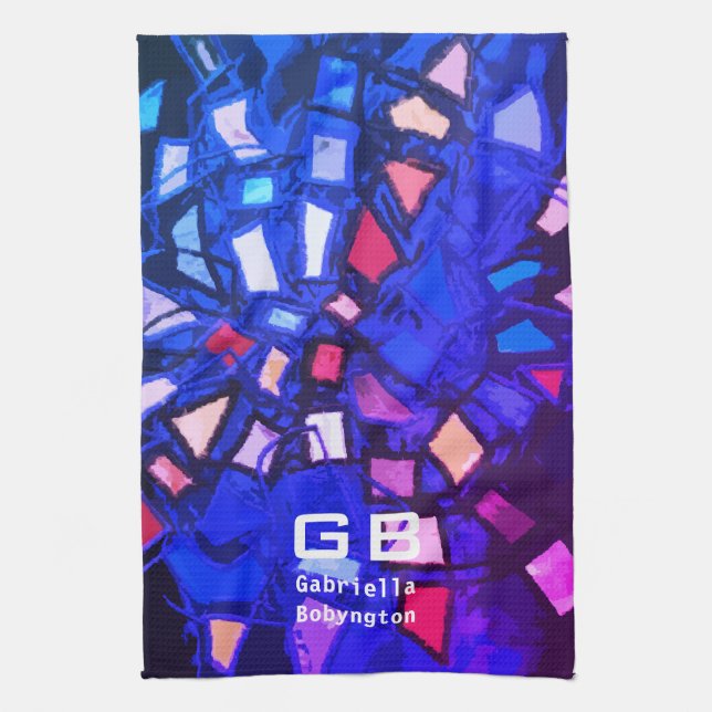 Blaues lila Monogramm abstraktes farbiges, lebhaft Geschirrtuch (Vertikal)