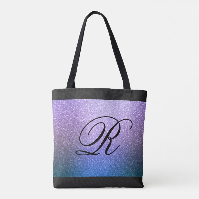 Blaues Lila Ombre-Glitzer-Design mit Monogram Tasche (Rückseite)