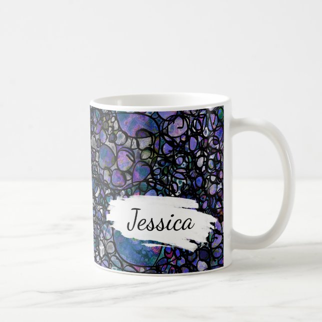 Blaues, lila u. schwarzes abstraktes, Brushstrokes Kaffeetasse (Rechts)