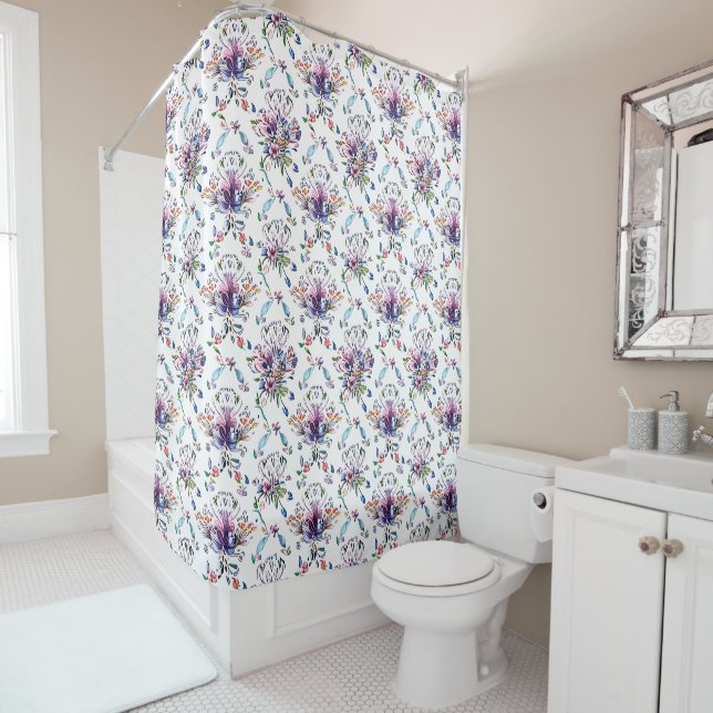 Blaues Lila Vintages Blumenmuster Retro Eleganz Duschvorhang (Beispiel)