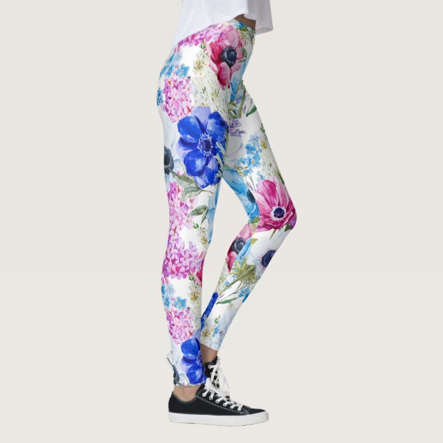 Blaues lila Watercolor-Blumenmitternachtsmuster Leggings (Rechts)