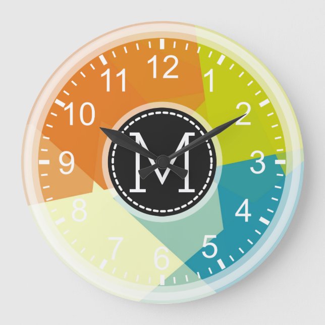 Blaues Limones Orange Mosaik Modernes Monogramm Große Wanduhr (Vorderseite)