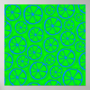 Blaues Limones Zitronenmuster mit neongrünem Hinte Poster