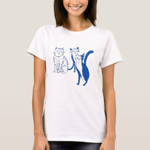 Blaues Line-Art-Katze-T-Shirt, schwarzes Baumwoll- T-Shirt