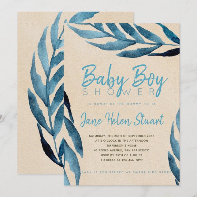 Blaues Lorbeerblätterblatt Babydusche einladen Einladung (Vorne/Hinten)