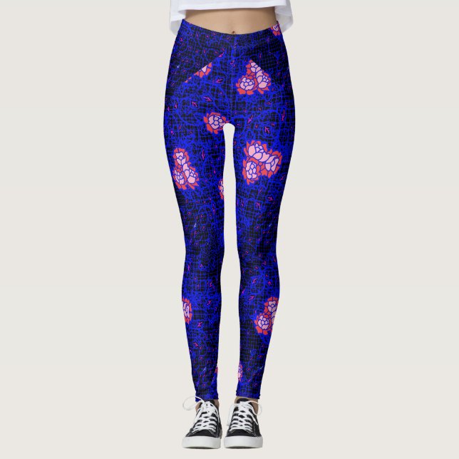 Blaues Luminous-Netz mit Blume 01 Black BG Leggings (Vorderseite)