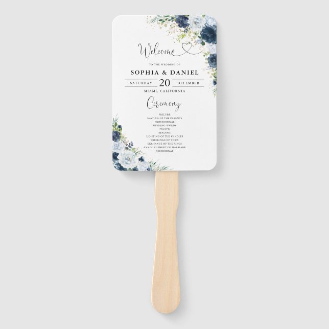 Blaues Marine-Blumen-Hochzeitsprogramm-Handfächer Fächer (Vorderseite)
