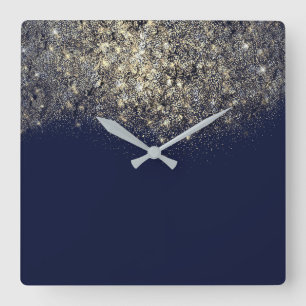 Blaues Marine-GlitzerConfettisepia-Gold Quadratische Wanduhr