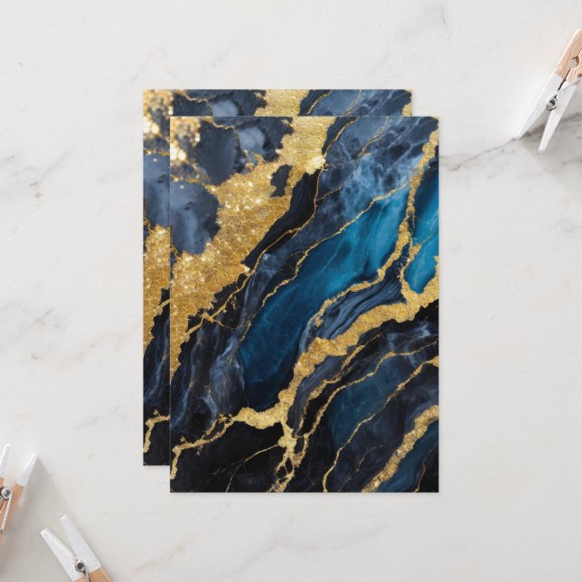 Blaues Marmormuster mit Gold Einladung (Vorderseite/Rückseite Beispiel)