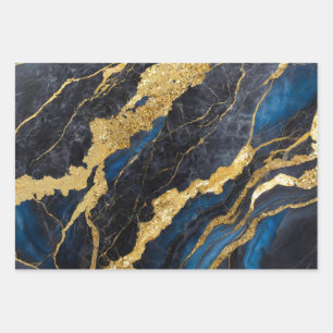 Blaues Marmormuster mit Gold Geschenkpapier Set