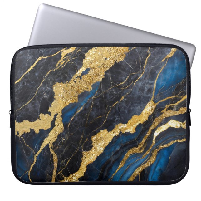 Blaues Marmormuster mit Gold Laptopschutzhülle (Vorderseite)