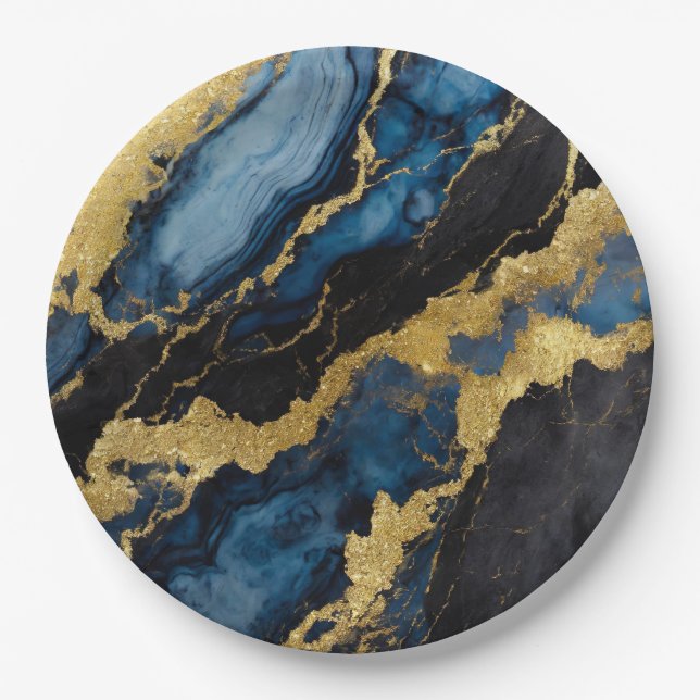 Blaues Marmormuster mit Gold Pappteller (Vorderseite)
