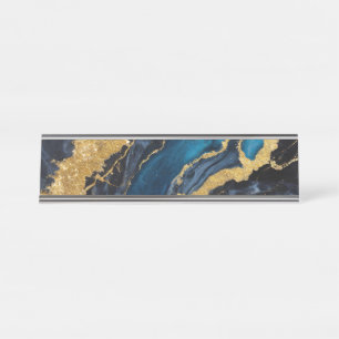 Blaues Marmormuster mit Gold Schreibtischnamensplakette
