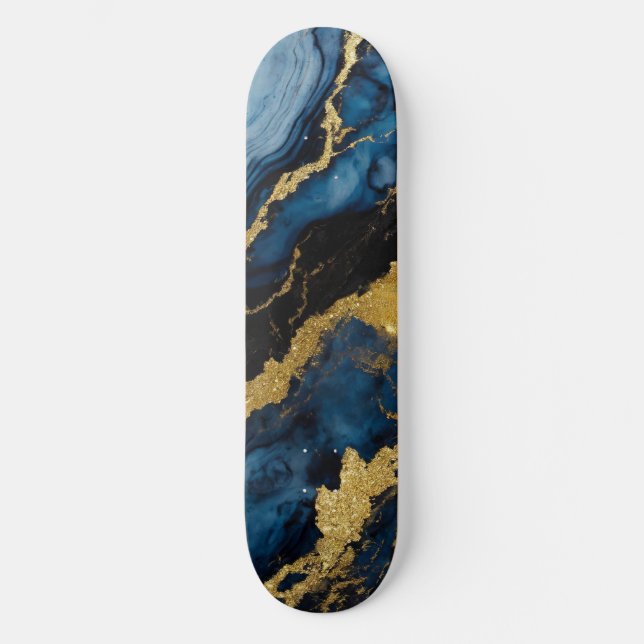 Blaues Marmormuster mit Gold Skateboard (Vorderseite)