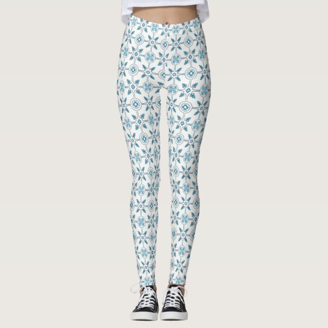 Blaues marokkanisches Fliesenmuster Leggings (Vorderseite)