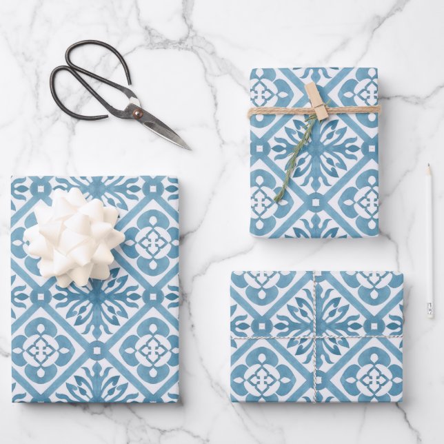 Blaues marokkanisches Mittelmeer-Fliesenmuster Geschenkpapier Set (Vorderseite)