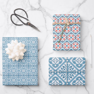 Blaues marokkanisches Mittelmeer-Fliesenmuster Geschenkpapier Set