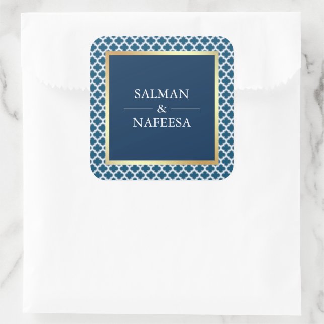 Blaues marokkanisches Quatrefolienmuster Quadratischer Aufkleber (Tasche)