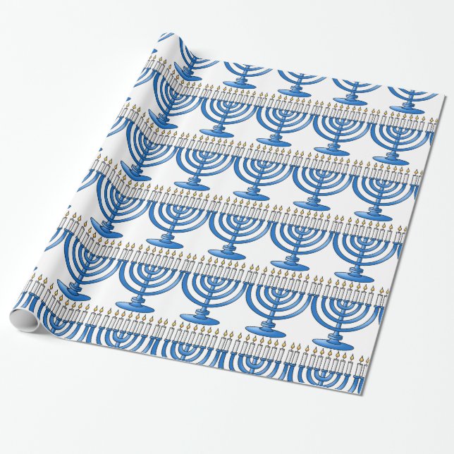 Blaues Menorah Chanukka Packpapier (Ungerollt)