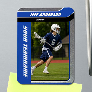 Blaues Metall-Lacrosse-Spielerfoto Magnet
