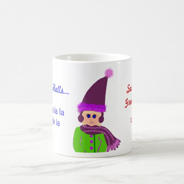 Blaues mit Augen Mädchen mit Pflaumenmatte und grü Kaffeetasse (Mittel)