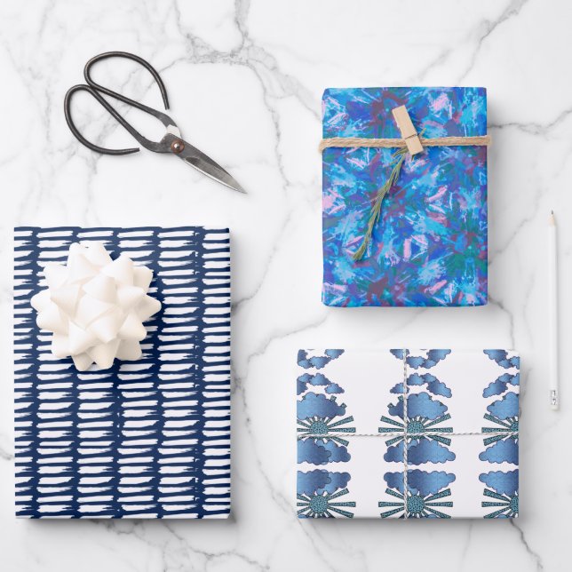 Blaues, modernes Abstraktes Wasserfarbmuster Geschenkpapier Set (Vorderseite)