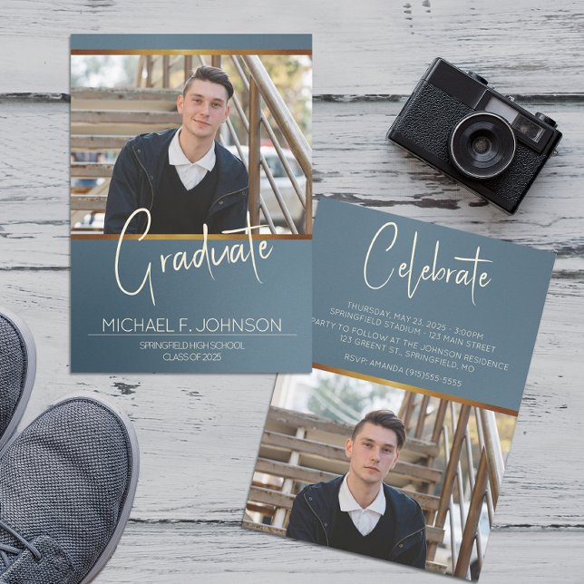 Blaues modernes maskulines Foto Einladung (Von Creator hochgeladen)