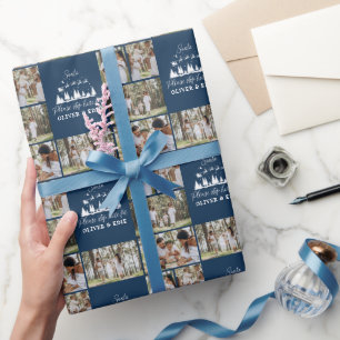 Blaues modernes Multi-Foto Weihnachten Geschenkpapier