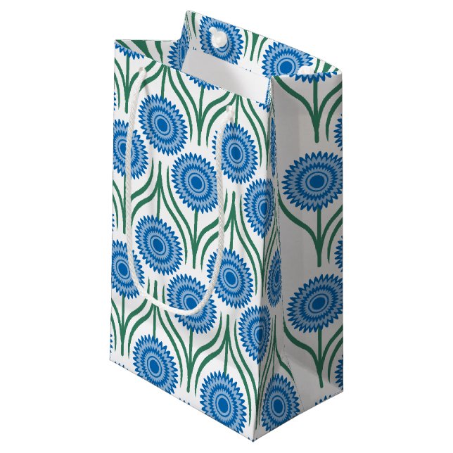 Blaues modernes Muster-Mit Blumenweißes Kleine Geschenktüte (Vorderseite Schrägansicht)
