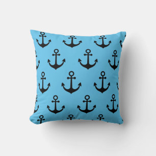 Blaues modernes Nautic Black Anchor Muster Kissen