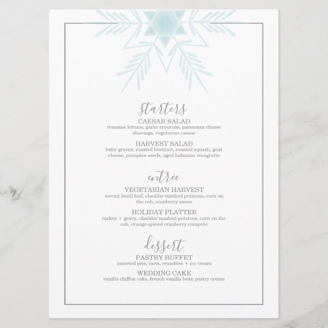 Blaues modernes WINTER WONDERLAND Hochzeitsmenü Menükarte (Vorderseite)