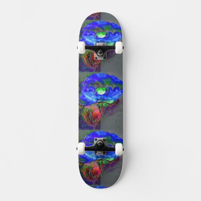 Blaues Mohn, blaue abstrakte Blume Skateboard (Vorderseite)