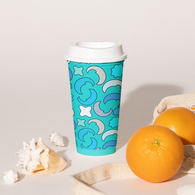 Blaues Mond-Wolkenmuster Pappbecher (blue moon mid night stars, half moon kids birthday party supplies, paper cups, cartoon pattern art)