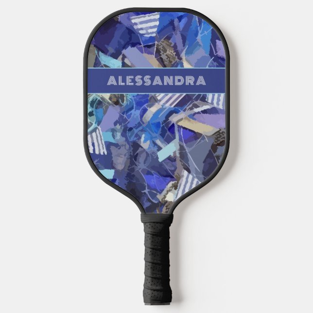 Blaues Monogramm abstraktes Muster lila weißer Str Pickleball Schläger (Vorderseite)